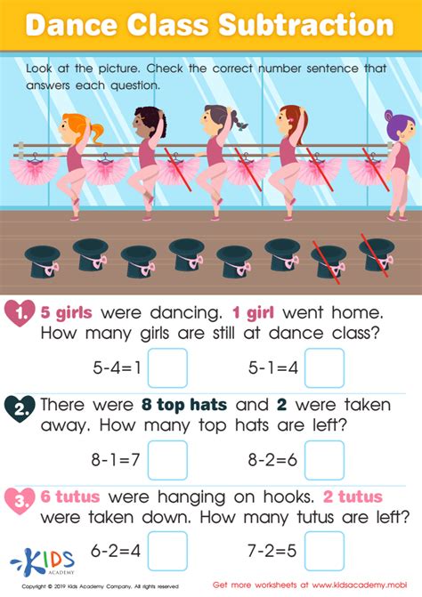 Dance Class Subtraction Worksheet for kids