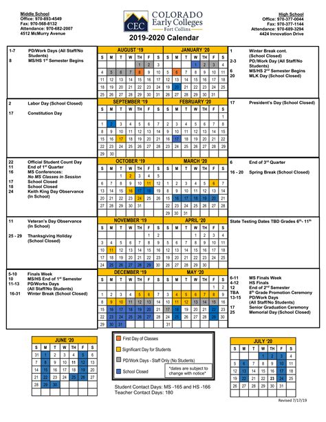 Official School Calendars - About Us - Contacts & Calendars - CEC Fort Collins Middle School