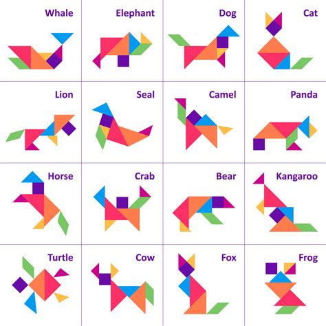 Tangram puzzle. Set of tangram wild and farm animals. Jigsaw for kids ...