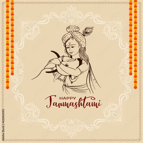 Happy janmashtami festival card with Krishna line art design Stock Vector | Adobe Stock