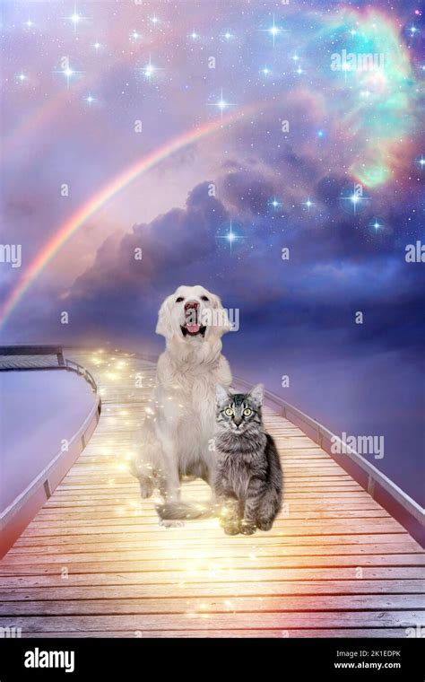 a rainbow bridge with dogs and cats like concept of eternal life and ...