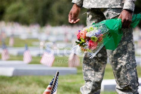 Army Soldier At Military Cemetery With Flower Bouquet, Copy Spac Stock Photo | Royalty-Free ...