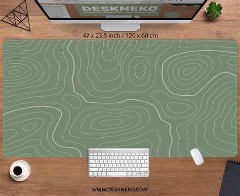 Green Topographic Desk Mat, Large Mouse Pad, Topo Map Contour Lines Sage, Padded Keyboard Wrist ...