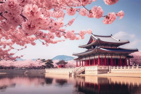 Beautiful Gyeongbokgung Palace in Seoul, South Korea, Gyeongbokgung palace with cherry blossom ...