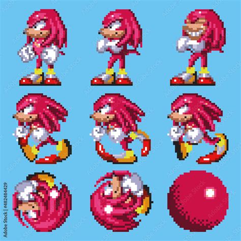 Set of Knuckles moves, art of Sonic the Hedgehog 3 classic video game, pixel design vector ...