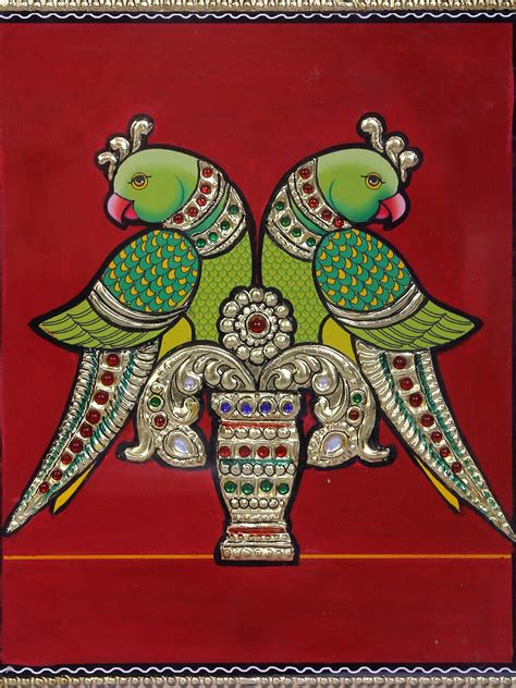 Pair of Parrot Tanjore Painting | Traditional Colors With 24K Gold | Teakwood Frame | Handmade ...