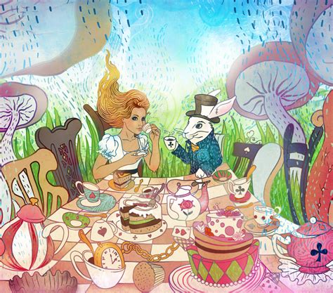 Mad Tea Party. Alice's Adventures in Wonderland illustration. Girl, white rabbit drink from cups ...