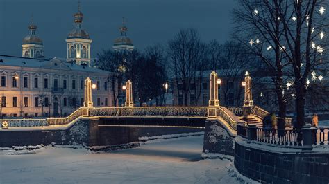 Bridge Night River Russia Saint Petersburg Snow Winter HD Travel ...