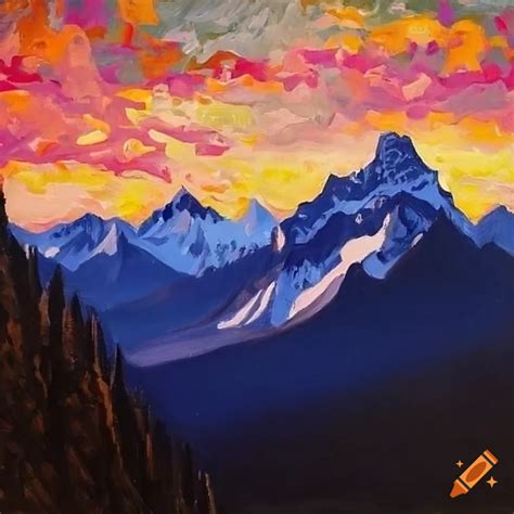 Painting of rocky mountains in lawern harris and grant wood style on Craiyon