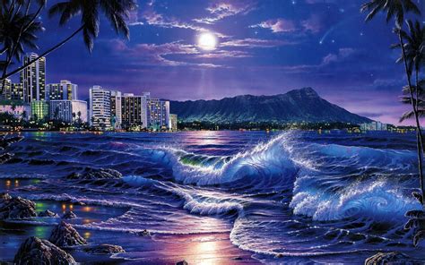 sea, Waves, City, Night, Beach, Moon, Stars, Painting, Art Wallpapers HD / Desktop and Mobile ...