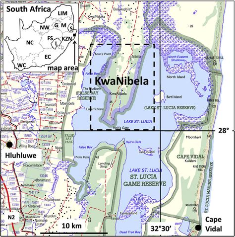 Map of the northern part of Lake St Lucia, northeastern KwaZulu-Natal,... | Download Scientific ...