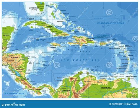 The Caribbean Physical Map stock vector. Illustration of geography - 107638201