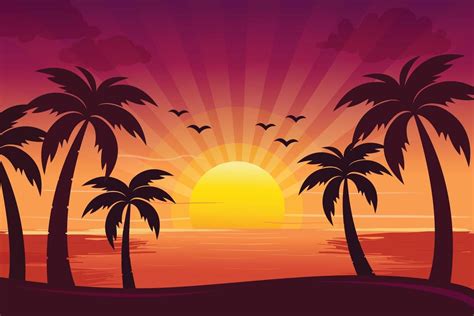 a sunset with palm trees and birds flying in the sky