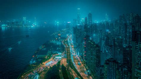 city, aerial view, road, buildings, coast, 4k HD Wallpaper