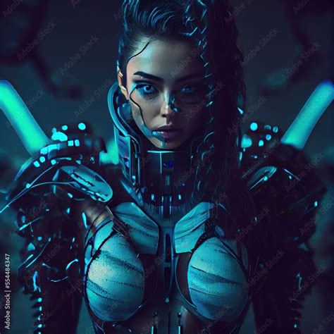 Portrait of a sci-fi cyberpunk girl. High-tech futuristic woman from the future. The concept of ...