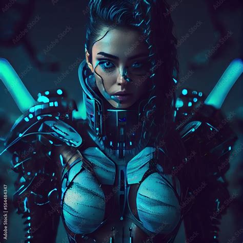 Portrait of a sci-fi cyberpunk girl. High-tech futuristic woman from the future. The concept of ...