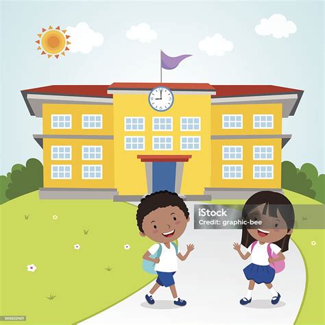 Children Go To School Stock Illustration - Download Image Now - Walking, Clock, Leaving - iStock