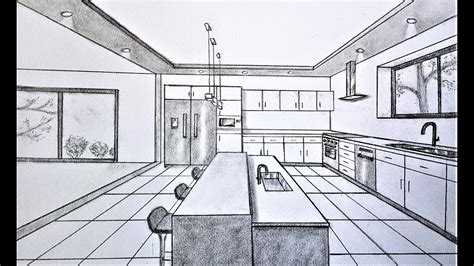 How to draw a kitchen in one point perspective - YouTube