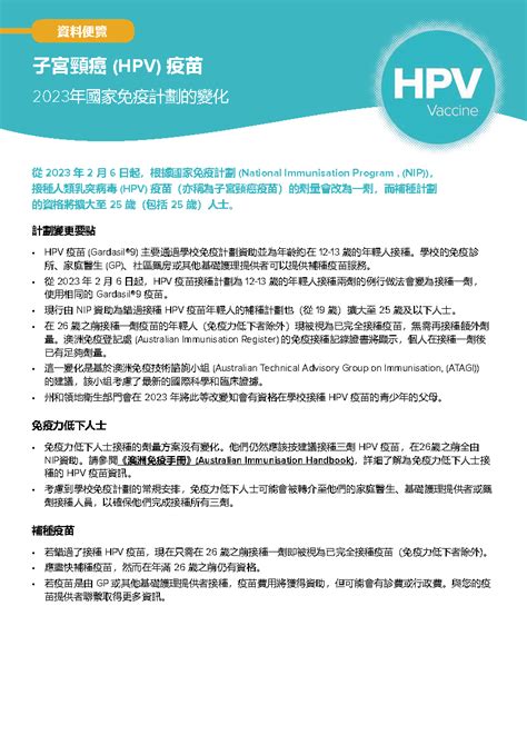 子宮頸癌 (HPV) 疫苗 2023年國家免疫計劃的變化 | Australian Government Department of Health and Aged Care