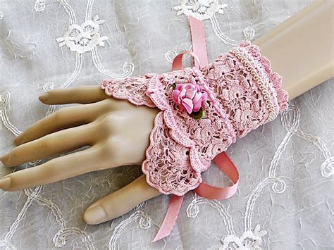 Rose Pink Victorian Lace Cuff Bracelet Lace Wrist by LaVieilleLune