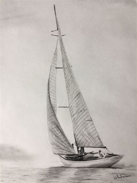 $30 Sailing yacht sketch, full sails, misty shore, water reflections ...