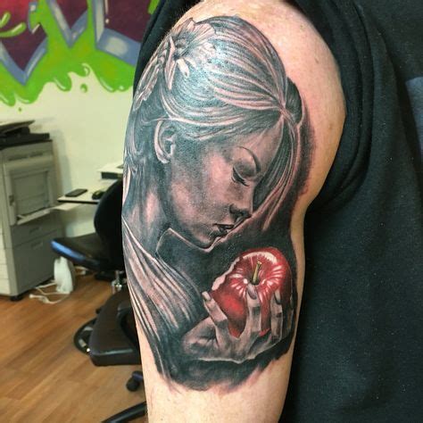 Adam and Eve tattoo black and grey with color half sleeve. Apple! Follow @jo3ball on Instagram ...