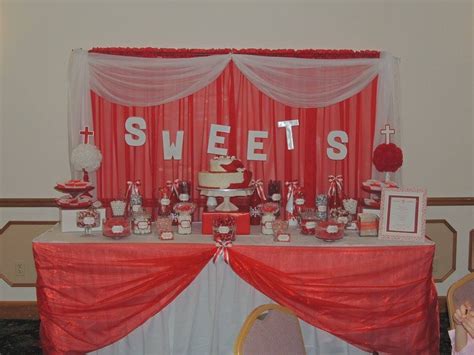 Red & white candy buffet table for my son's confirmation. | Red kitchen ...
