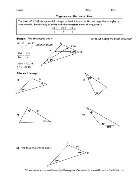 Trigonometry The Law Of Sines Worksheet Answers - Printable Word Searches