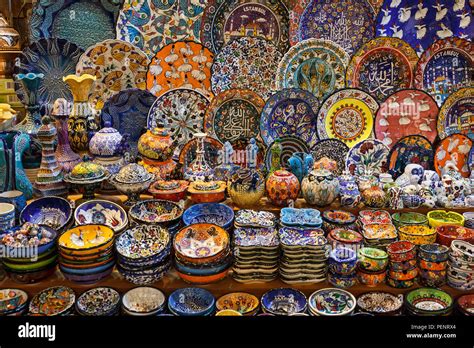 Collection of Traditional Turkish ceramic souvenirs at the Grand Bazaar in Istanbul, Turkey ...