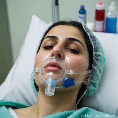 a beautiful iranian woman on a hospital bed while breathing with an ...