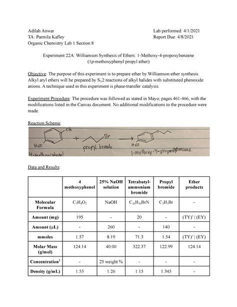 Orgo Lab Experiment 10 Williamson Synthesis of Ethers - Adilah Anwar Lab performed: 4/1/ TA ...