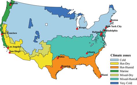 The locations of the selected 14 major US cities in different climate ...