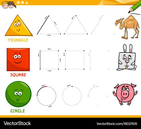 Basic geometric shapes drawing worksheet Vector Image