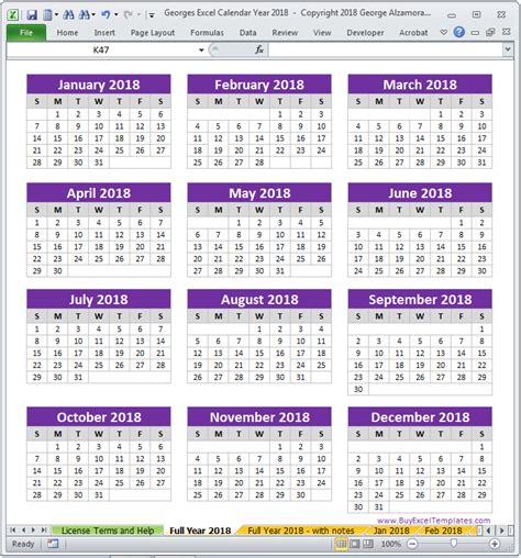 2018 Calendar Year in Excel Spreadsheet - Printable - Digital Download – BuyExcelTemplates.com