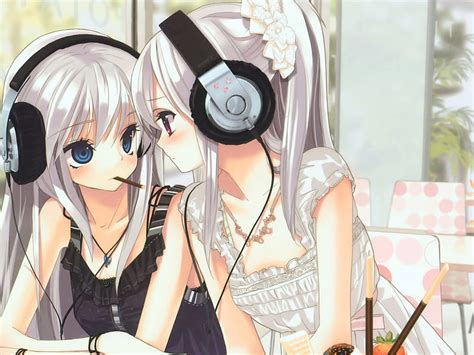 Love Song, beauties, white hair, blush, headphones, anime girls, bonito ...