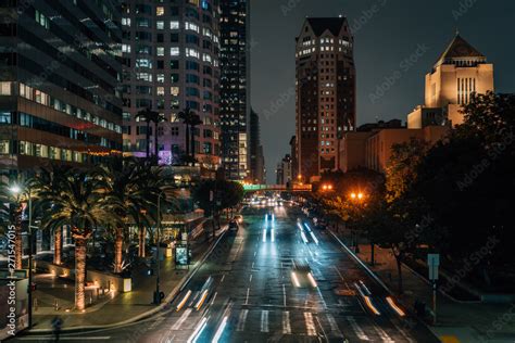 Night cityscape view of 5th street in downtown Los Angeles, California Stock Photo | Adobe Stock