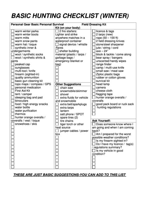 Basic Hunting Checklist (Winter) printable pdf download