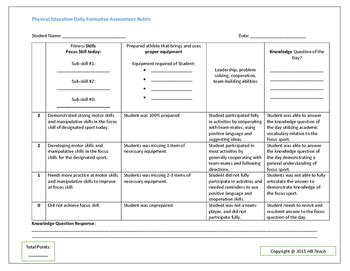 Physical Education Daily Formative Rubric by HB Teach | TPT