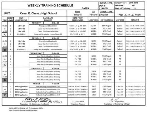 the weekly training schedule is shown in black and white, as well as an image of several