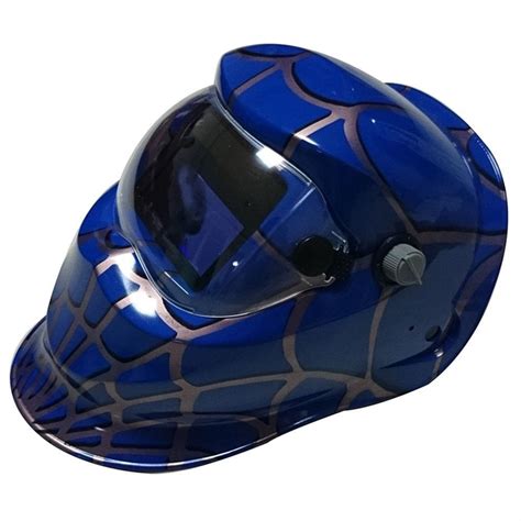 Custom Made Welding Helmets in Blue Shade with Spider Web Graphic ...