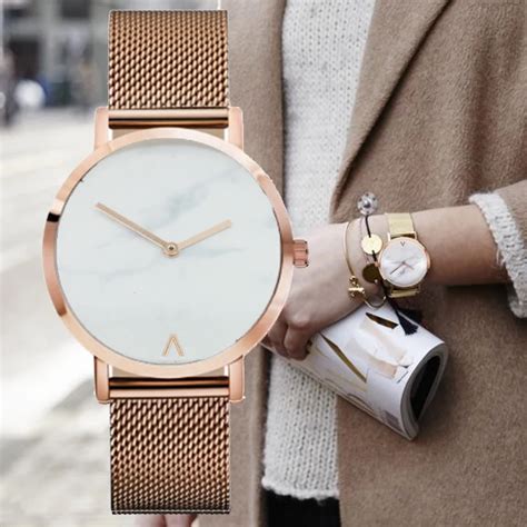 Fashion Luxury Brand Minimalist Style Marble Watch Stainless Steel leather Strap Simple Women ...