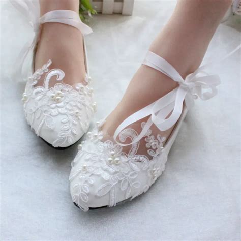 Free shipping women white ivory lace pearls wedding shoes,ladies bridal party ballet flats,Size ...