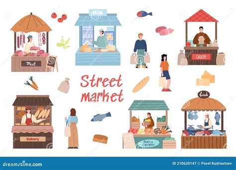 Street Market Set with Local Farmers, Cartoon Vector Illustration Isolated. Stock Vector ...