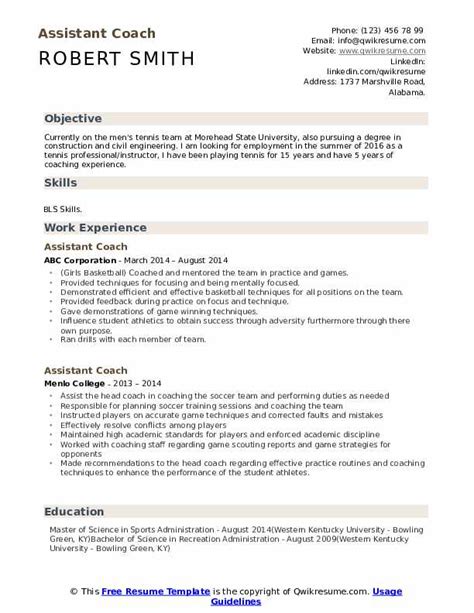 Assistant Coach Resume Samples | QwikResume