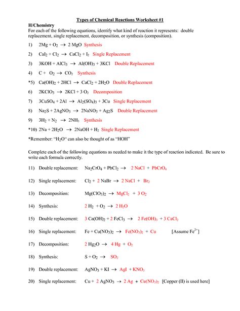 Types Of Chemical Reactions Worksheets Answer Key