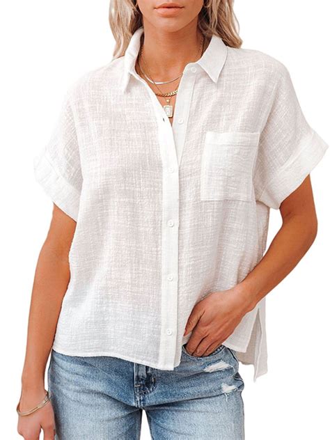 Women Cotton Linen Blouse Summer Solid Color Short Sleeve Lapel Neck Button Up Shirt Casual Tops ...