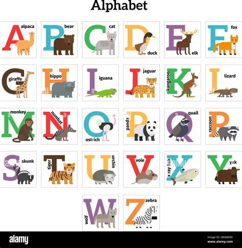 English animals zoo alphabet. Preschool kids education. Vector ...