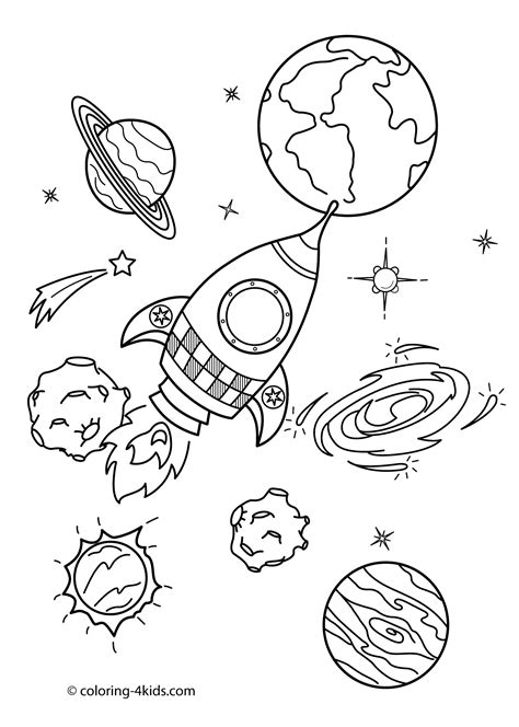 Space coloring pages for kids with rocket, printable free | Coloring ...