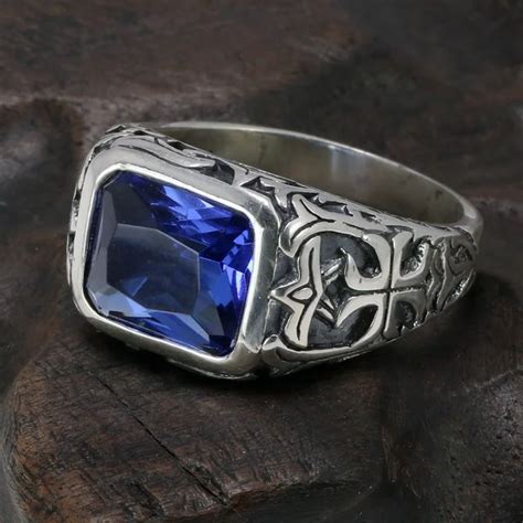 Real Pure 925 Sterling Silver Rings For Men Blue Natural Crystal Stone ...