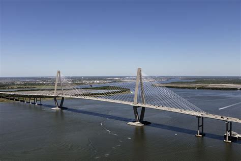 Aerial view of the Arthur Ravenel Jr. Bridge, a cable-stayed bridge over the Cooper River in ...